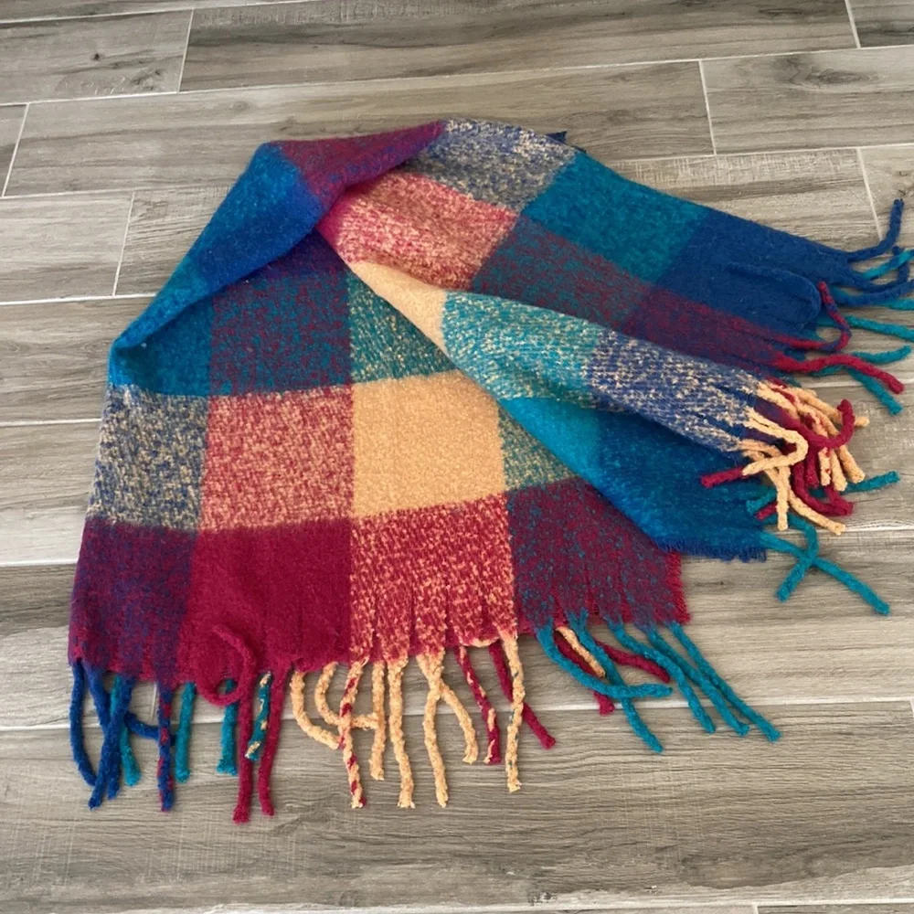 NWT Magaschoni jewel tone fall plaid faux mohair fringe throw blanket
